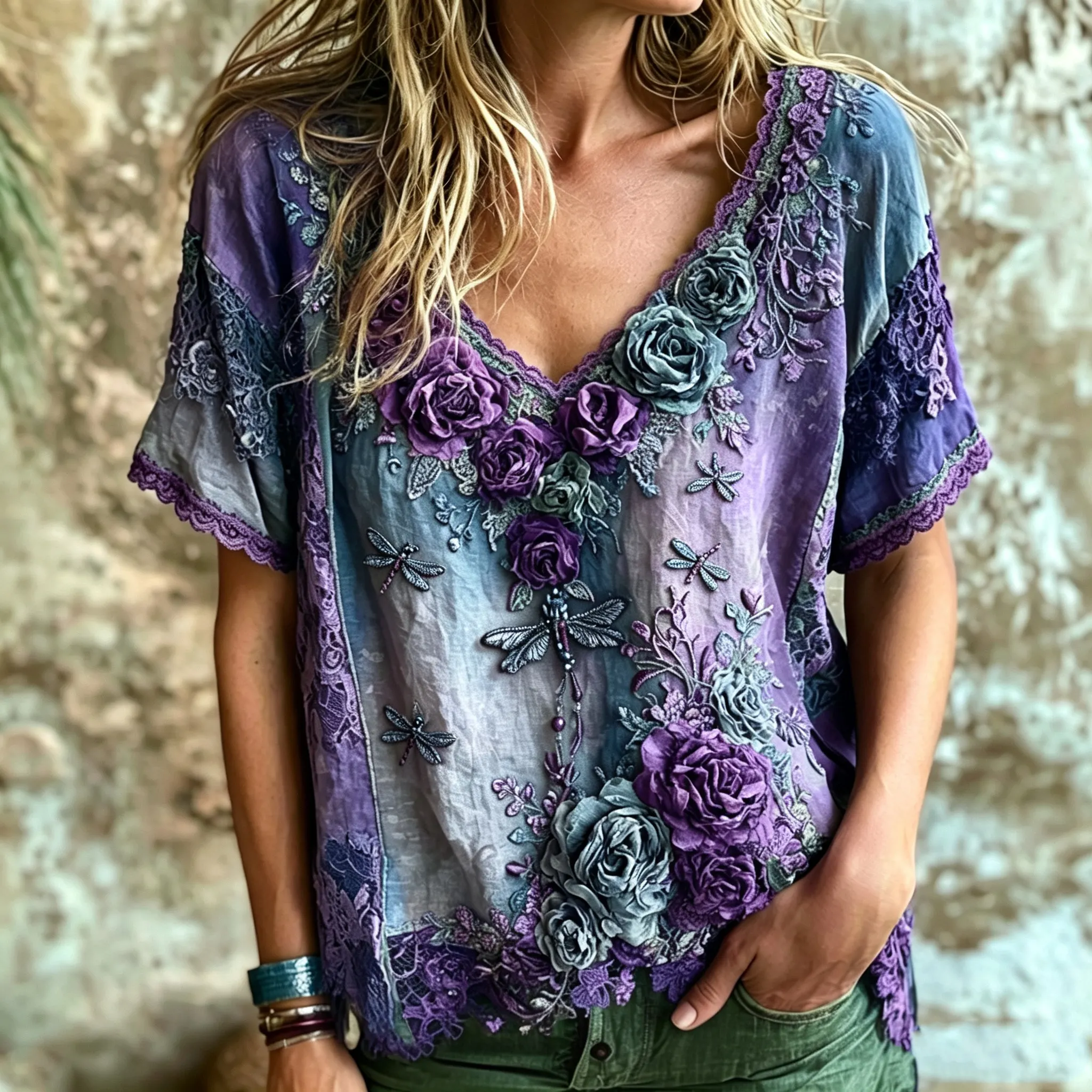 Women's Vintage Bohemian Rose And Dragonfly Embroidered Print Top