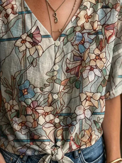 Women's Retro Floral Art Print Casual Short-sleeve V-neck Cotton Linen Cardigan Shirt