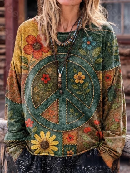 Women's Hippie Retro Floral Art Print Casual Long Sleeve T-shirt