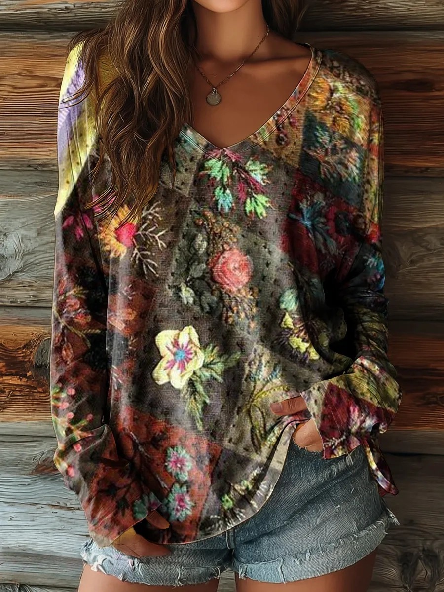 Women's Vintage Floral Patchwork Art Print Casual V-neck Long Sleeve T