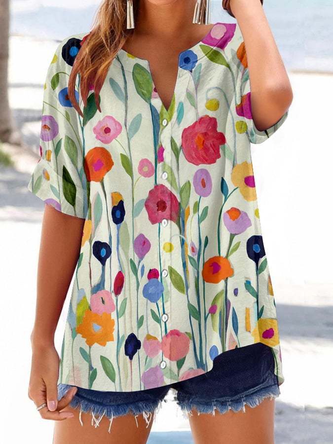 Women's Retro Botanical Floral Button Design V-Neck Three-Quarter Slee