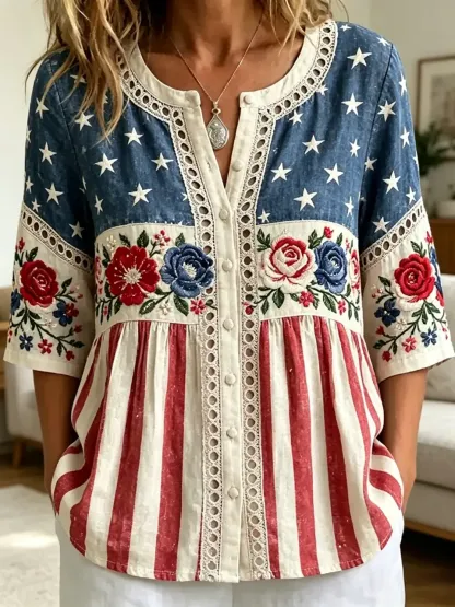 Women's American Flag Floral Art Print Top With Lace Trim