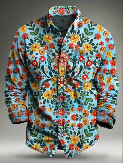 Garden Sky Blue Art Print Cotton Long Sleeve Shirt