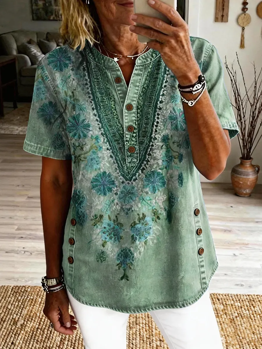 Women's Retro Green Textured Floral Art Print Casual Short-Sleeve Washed Cotton Denim Top