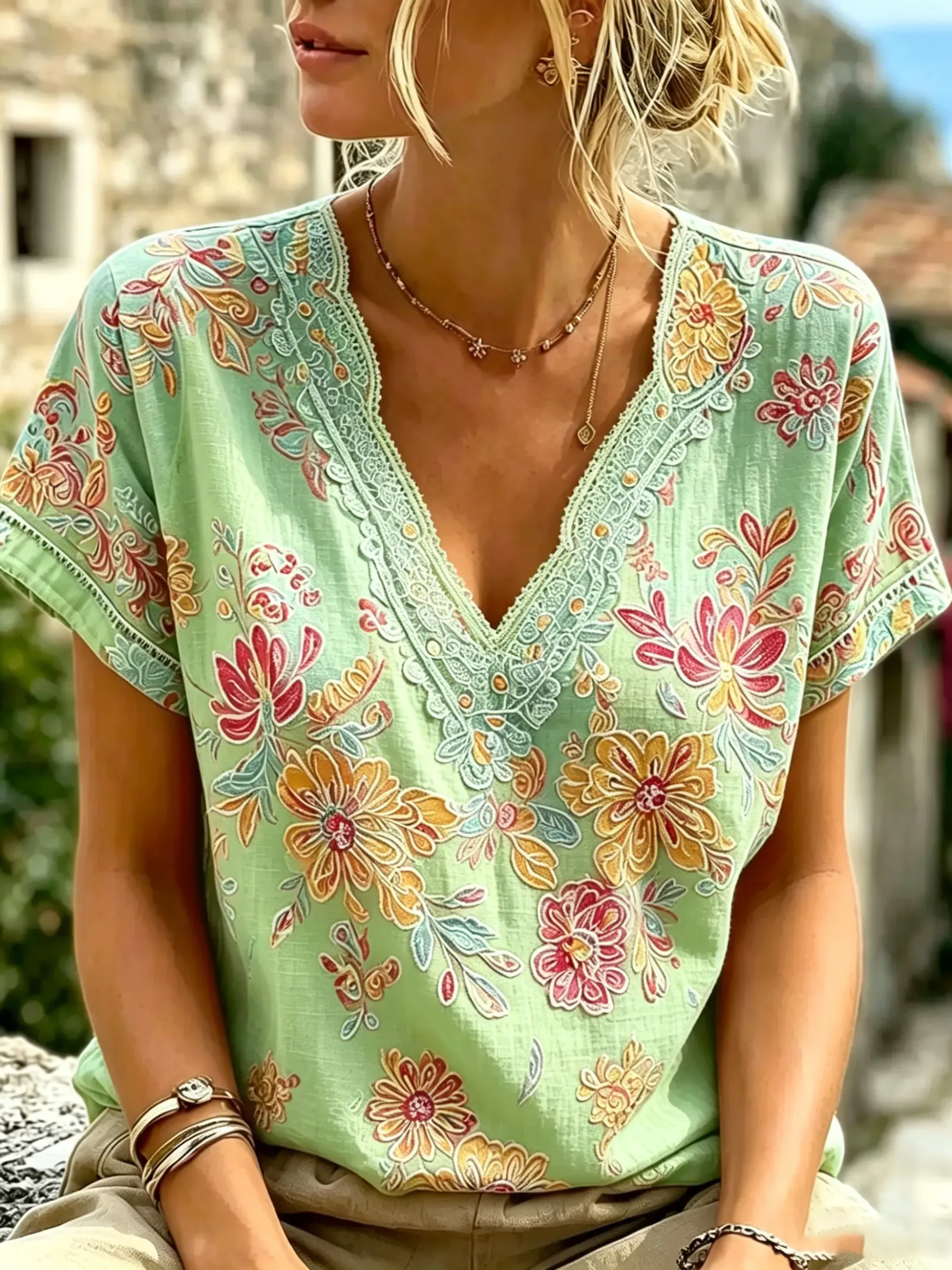 Women's Boho Floral Print Cotton V-Neck Top
