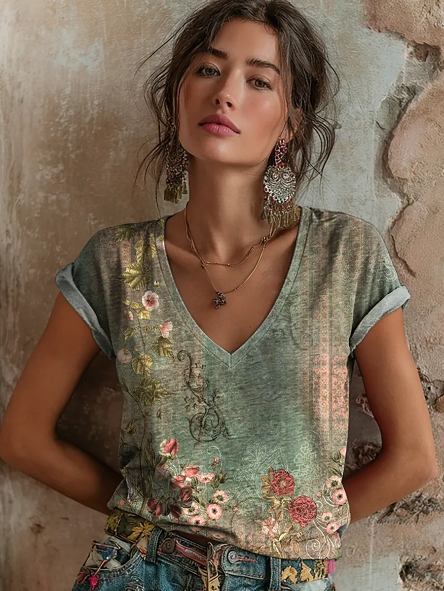 Women's Retro Bohemian Floral Art Print Casual Short-Sleeve V-Neck Cot