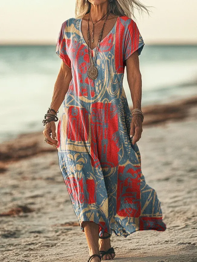 Women's Bohemian Ethnic Collage Art Pattern Print Casual Cotton Linen Shirt