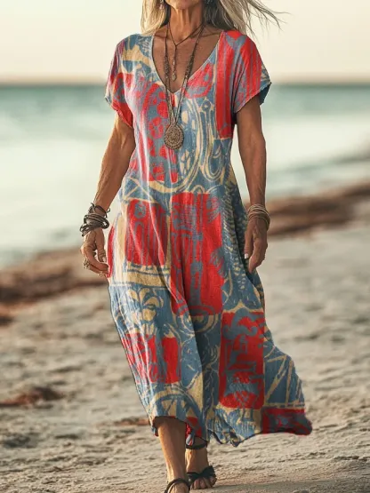 Women's Bohemian Ethnic Collage Art Pattern Print Casual Cotton Linen Shirt