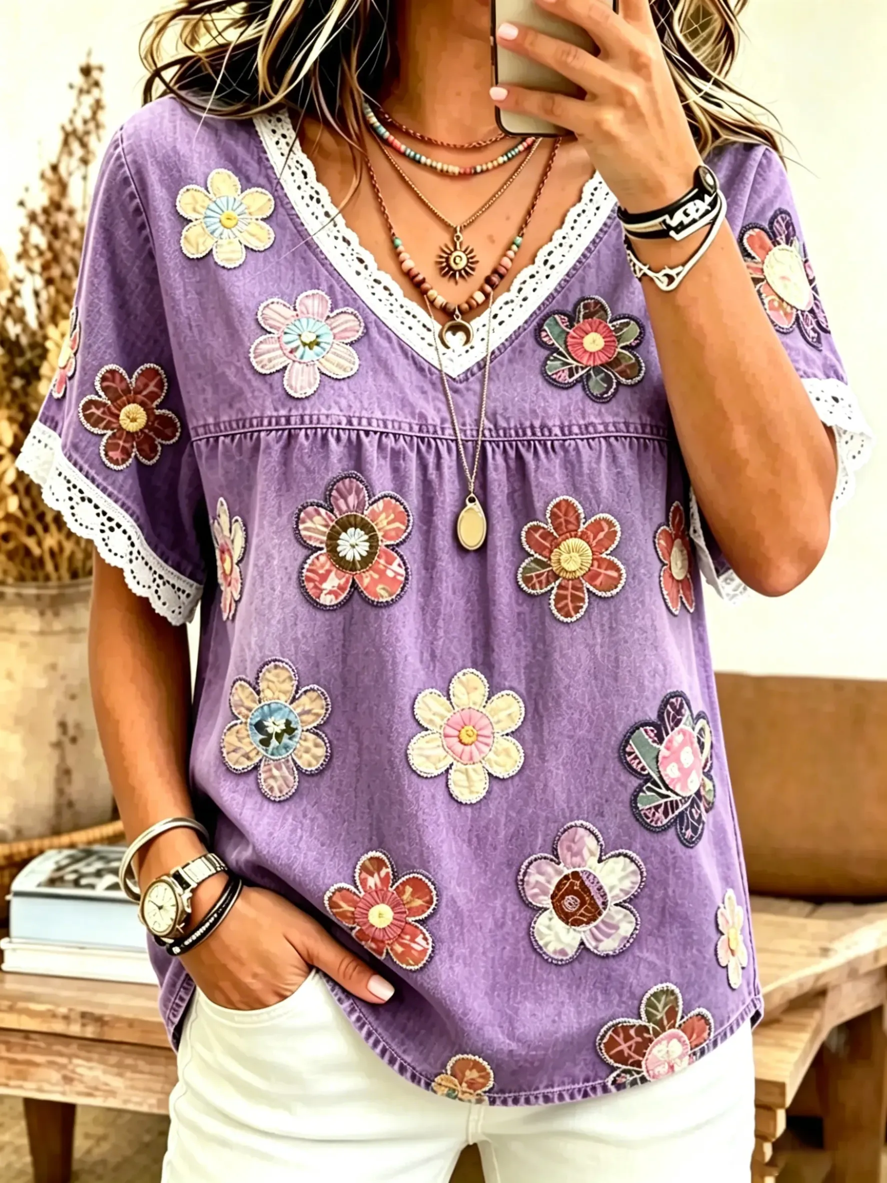 Women's Floral Patchwork Print Cotton Lace Trim V-Neck Blouse