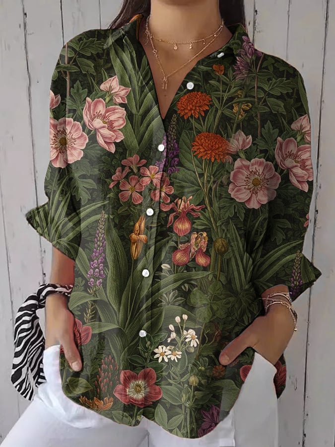 Women's Retro Forest Wildflowers Print Shirt