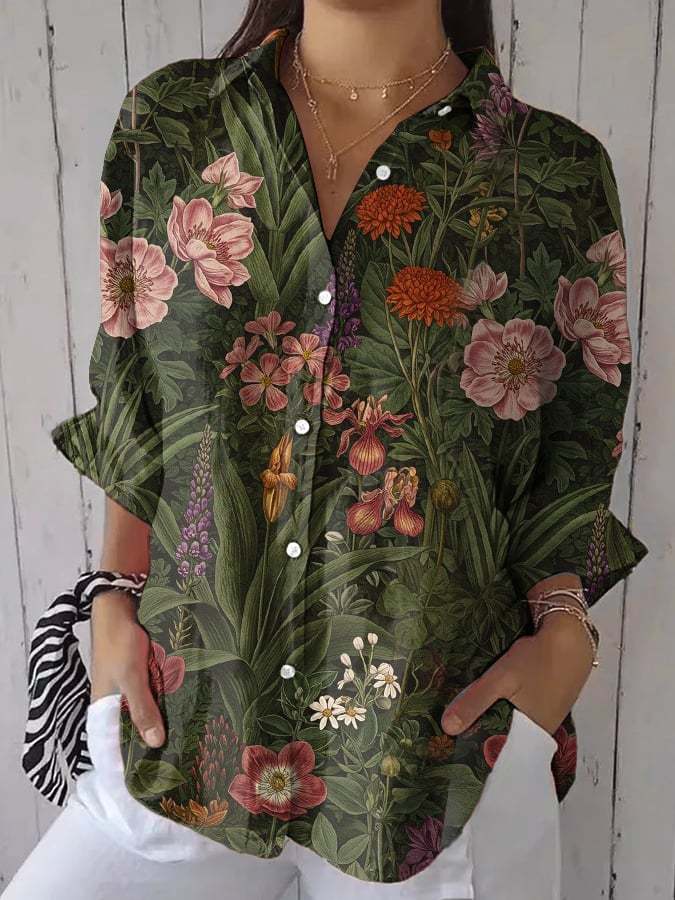 Women's Retro Forest Wildflowers Print Shirt