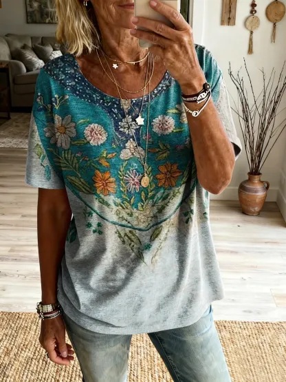 Women's Bohemian-Style Floral Art Print Casual Crew Neck Short-Sleeve Pure Cotton T-Shirt