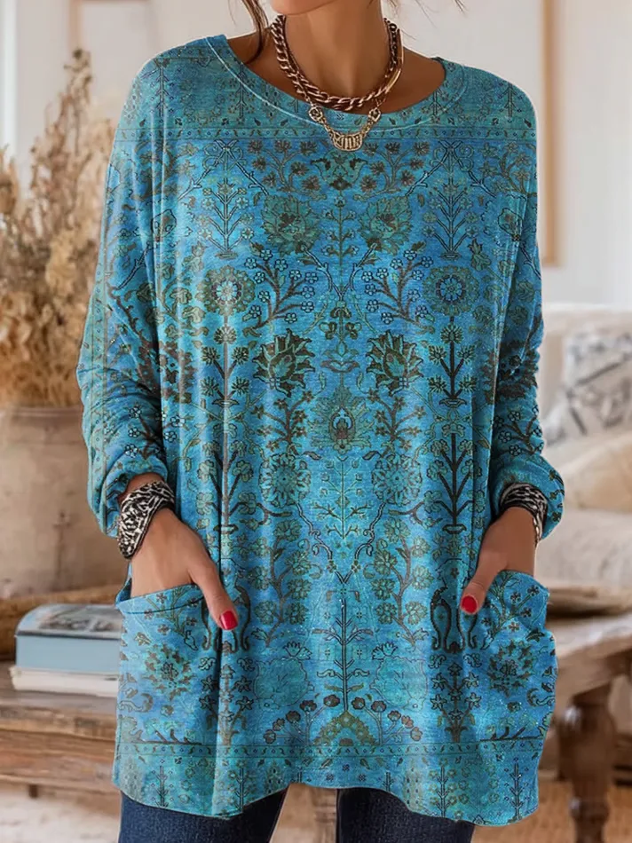 Women's Retro Ethnic Art Print Casual Long-Sleeve Round Neck Cotton T-Shirt