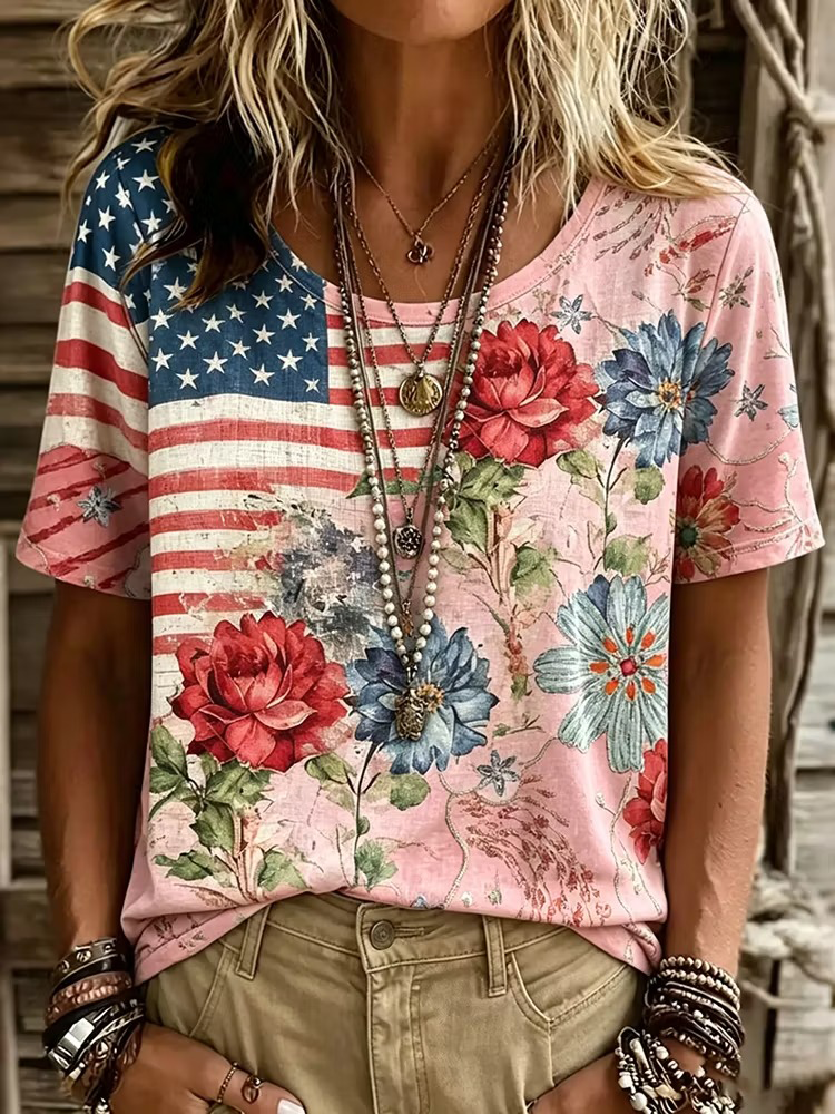 Women's Retro Flag And Floral Art Print Casual Short-sleeve Crew Neck T-shirt