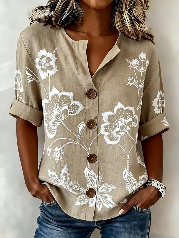 Women's Casual  Short-Sleeve Cotton-Linen Top