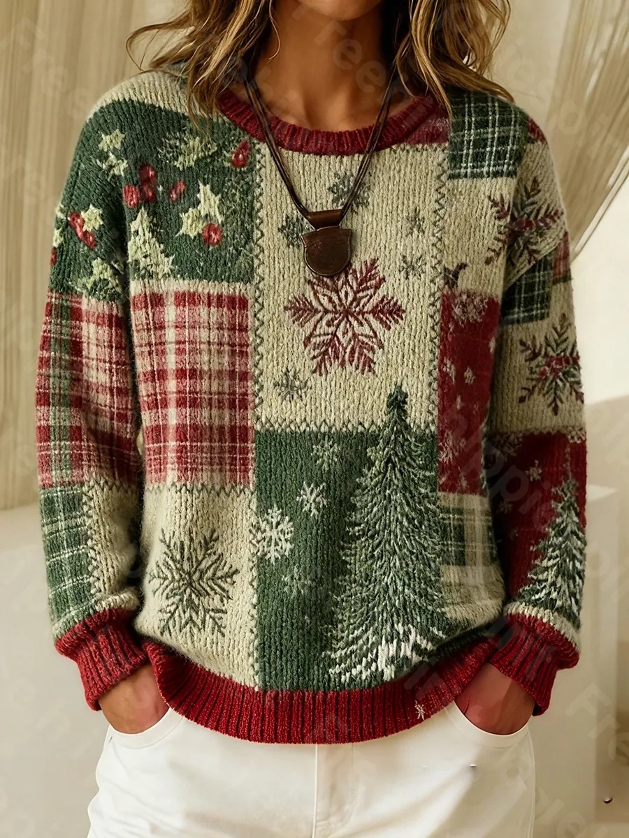 Women's Vintage Christmas Patchwork Print Casual Pullover Sweater