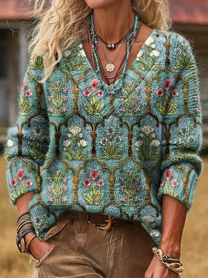 Unisex Retro Floral Art Print Casual Long-Sleeve V-Neck Sweater