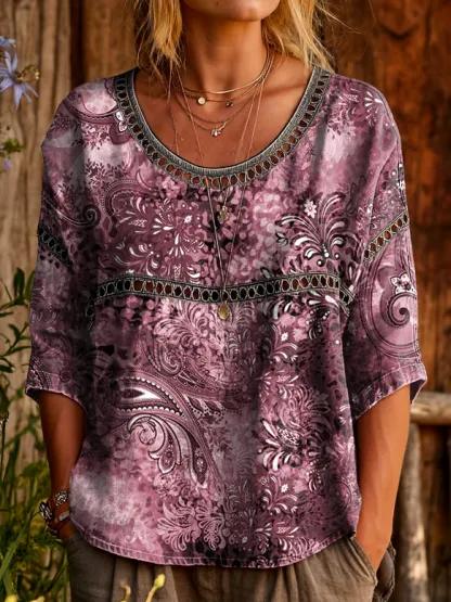 Women's Vintage Ethnic Pink Paisley Floral Art Printed Casual Round Neck Cutout Top