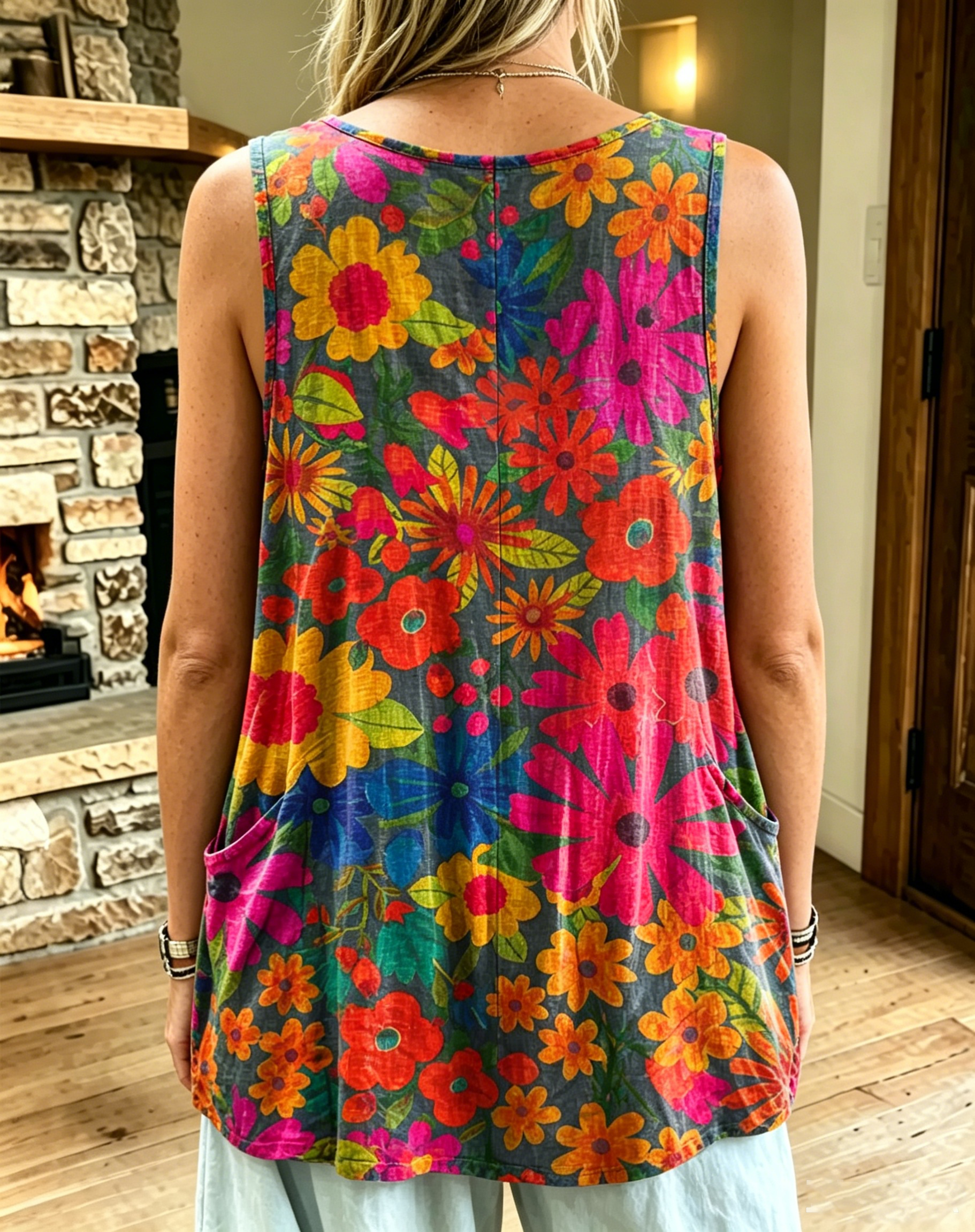Women's Vintage Multicolor Floral Print Casual Sleeveless Tank Top With Pockets