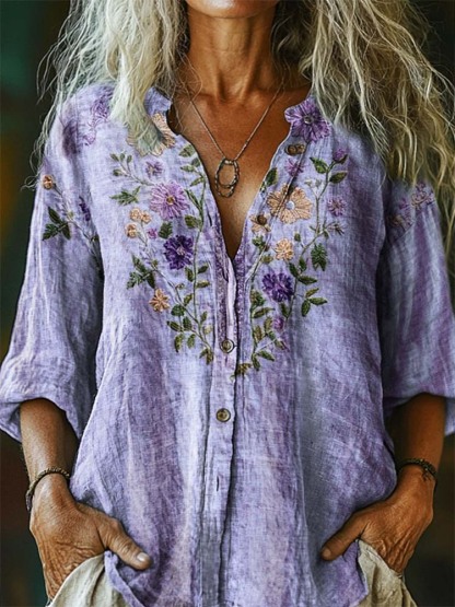 Women's Vintage Floral Pattern Art Print Casual Cotton Linen Shirt