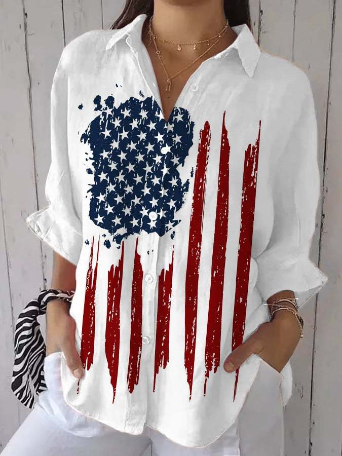 Women's American Flag Printed Cotton and Linen Shirt