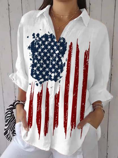 Women's American Flag Printed Cotton and Linen Shirt