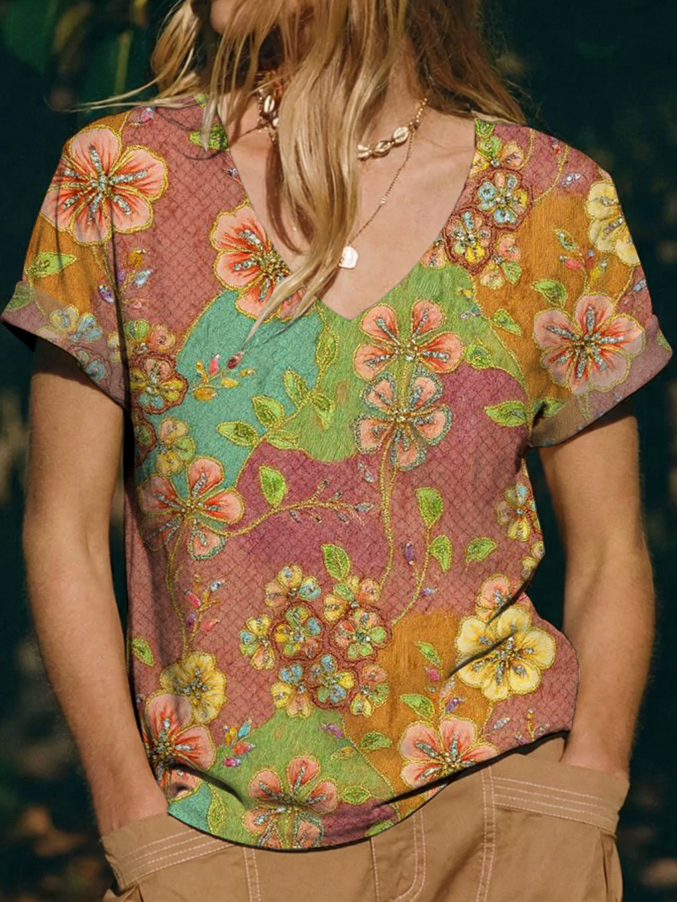 Women's Vintage Ethnic Color Clash Floral Art Print Casual V-neck Short Sleeve Cotton T-shirt