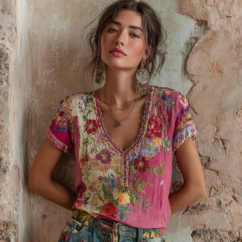 Women's Bohemian Floral Embroidery Art V-neck Contrast Color Linen Ble