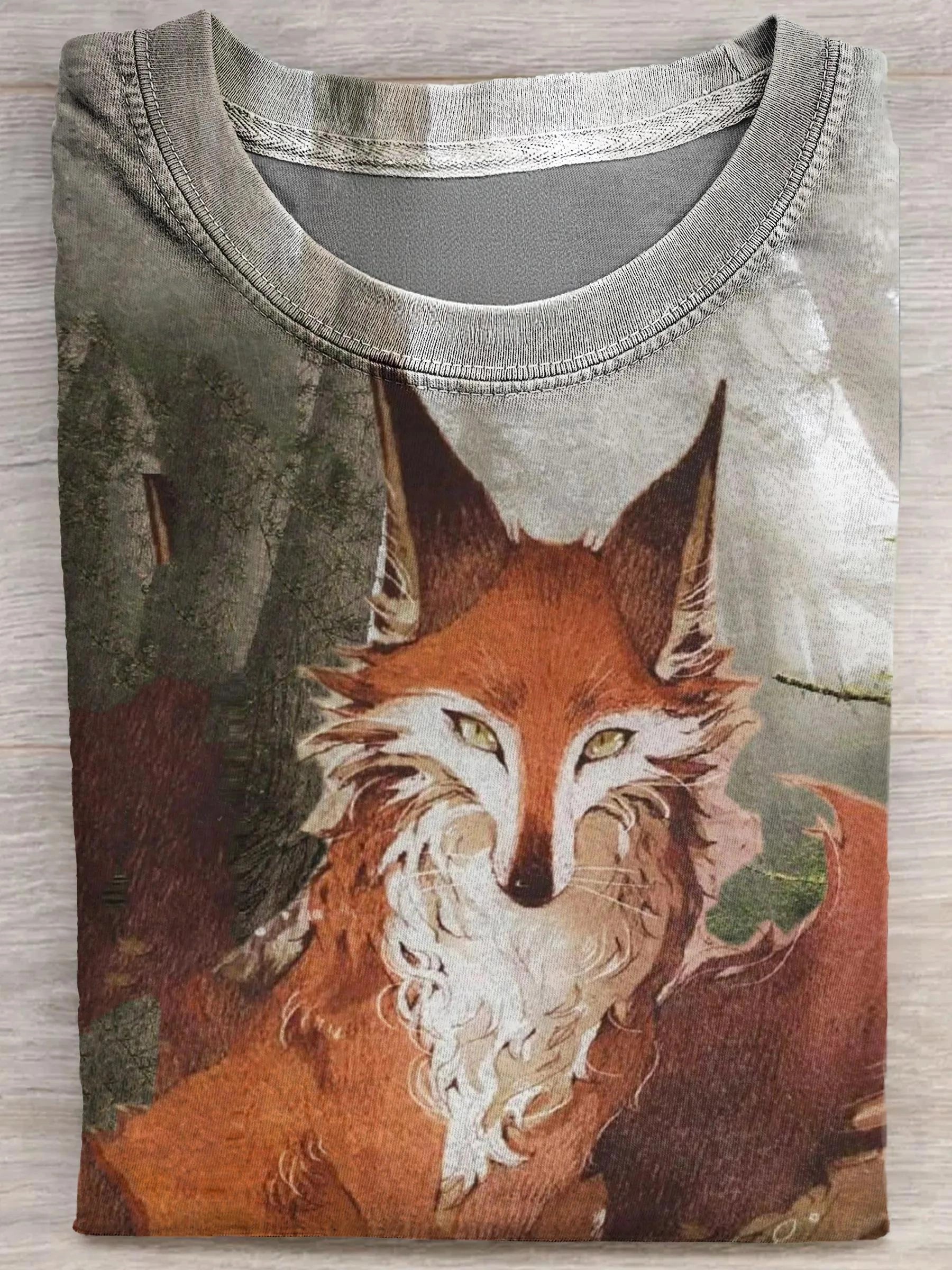 Funny Retro Fox Art Print Casual Cotton Short Sleeve T-shirt