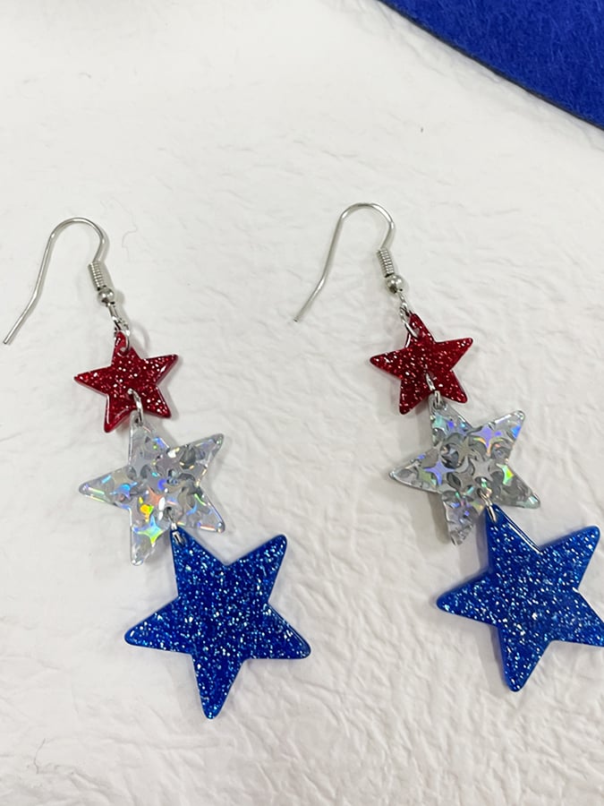 Independence Day Five-Pointed Star Three-Color Stitching Glitter Simple Earrings