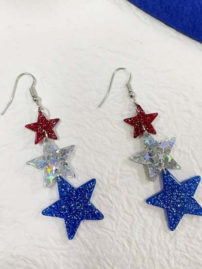 Independence Day Five-Pointed Star Three-Color Stitching Glitter Simple Earrings