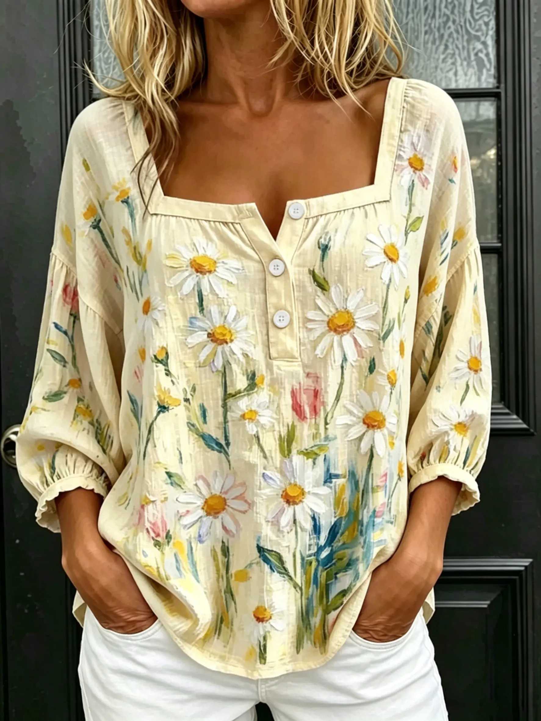 Women's Watercolor Daisy Floral Print Puff 3/4 Sleeve Blouse