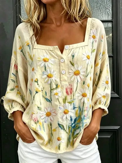 Women's Watercolor Daisy Floral Print Puff 3/4 Sleeve Blouse