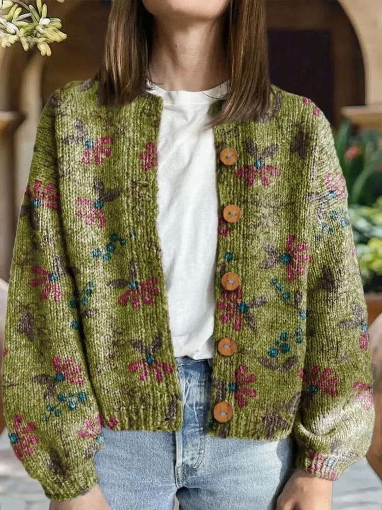 Women's Boho Floral Art Print Casual Button Cardigan Sweater