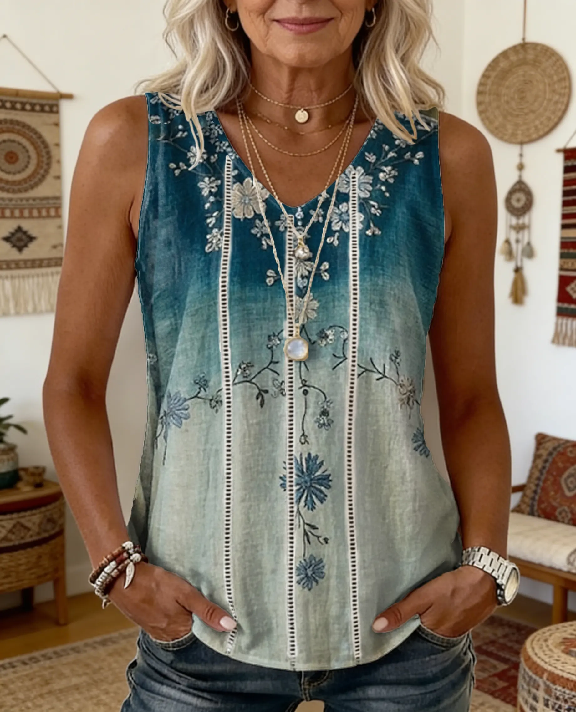 Women's Vintage Floral Print Artistic Openwork Cotton-linen V-neck Sleeveless Top