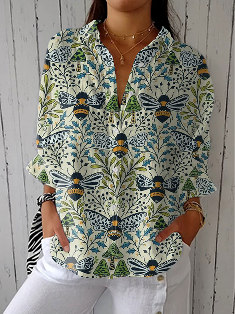 Women's  Vintage Bee Floral Art Print Casual Linen V-neck Shirt