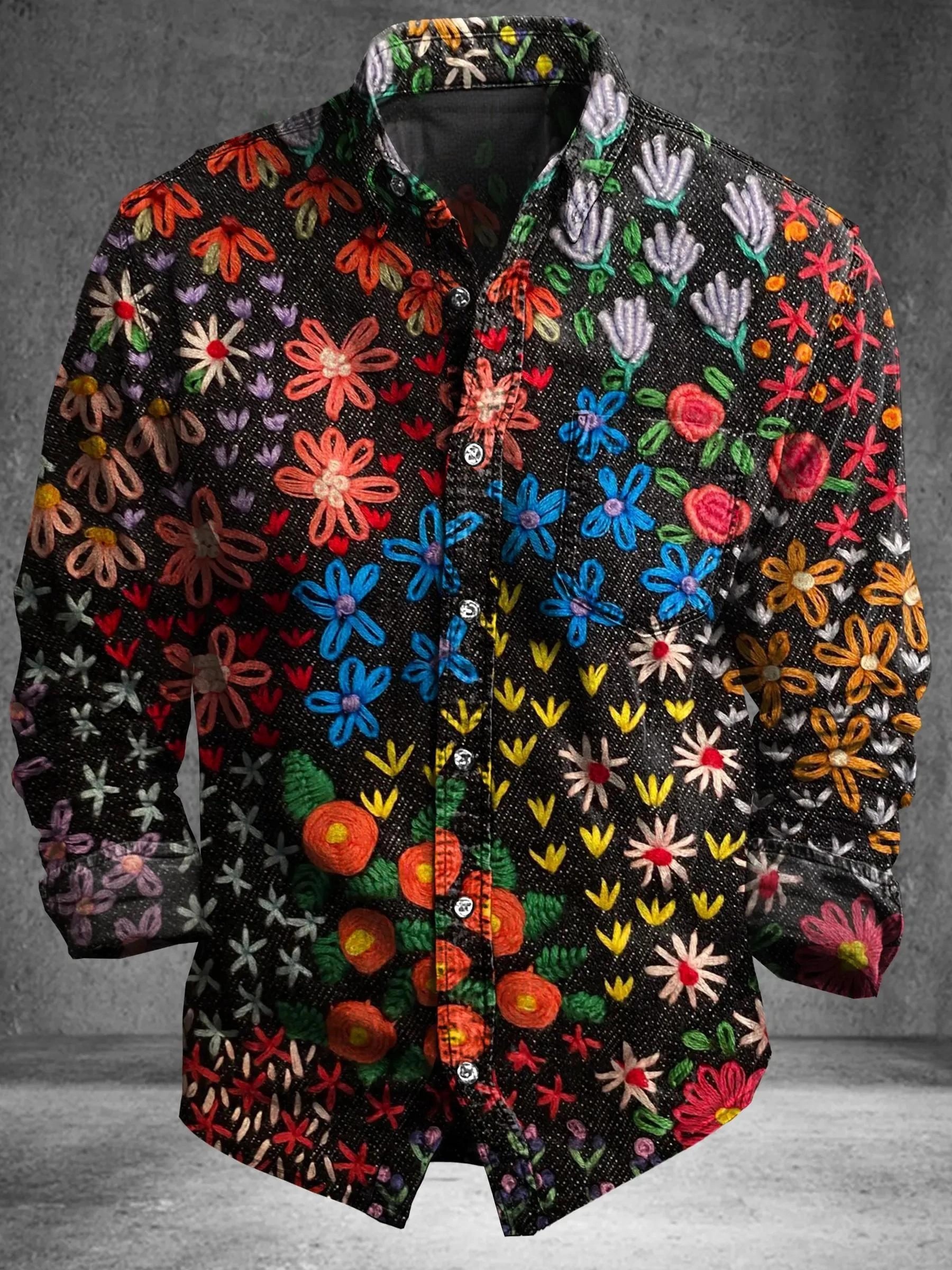 Vintage Abstract Multicolor Floral Totem Art Print 100% Cotton Long Sleeve Shirt