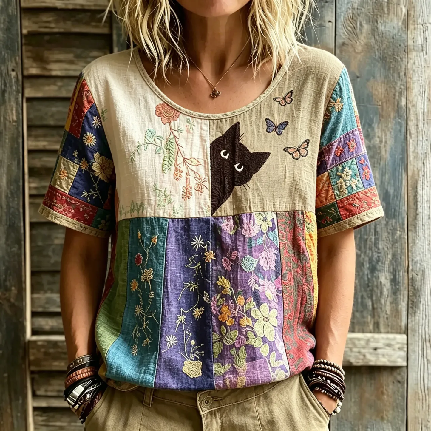 Women's Hippie Black Cat Art Embroidered Linen Blend Round Neck Tshirt