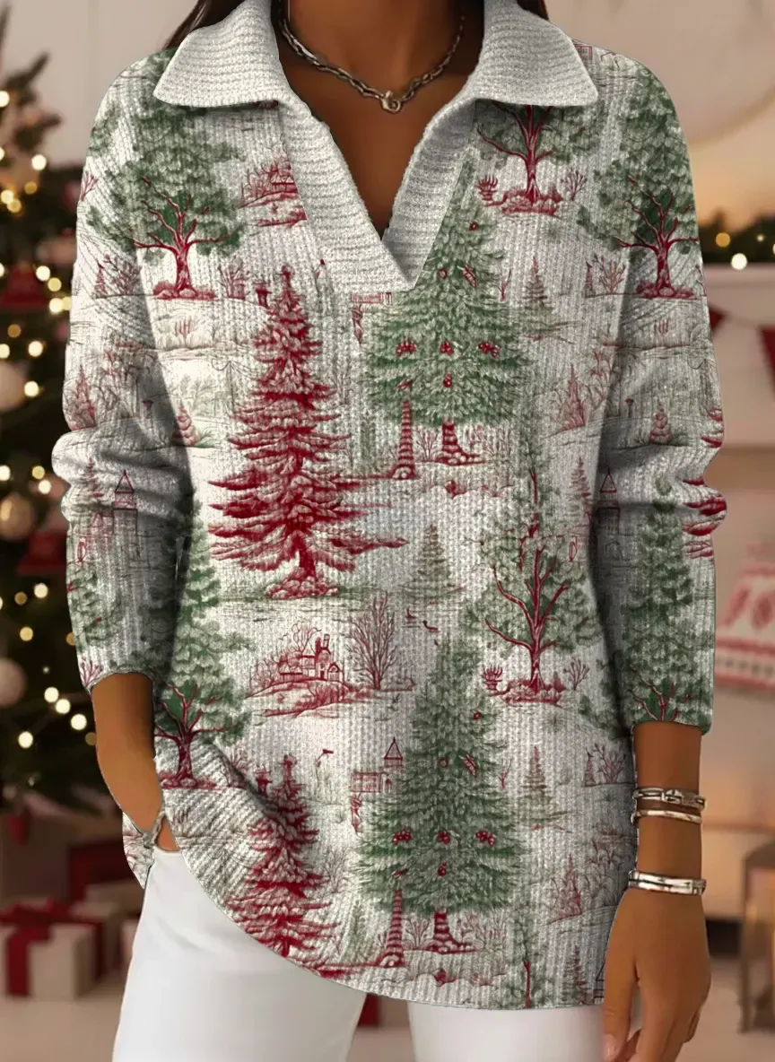 Women's Christmas Tree Pattern Art Print Casual Cotton Sweater