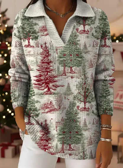 Women's Christmas Tree Pattern Art Print Casual Cotton Sweater