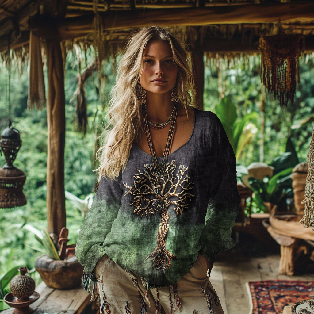 Women's Viking Celtic Knot Style Tree Of Life Rainbow Art Linen Casual T-shirt