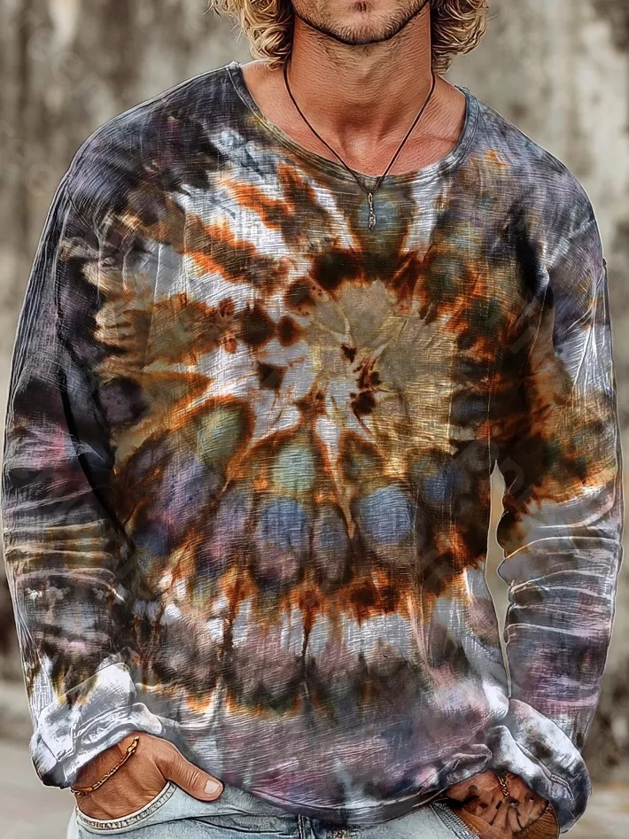 Men's Vintage Spiral Tie-Dye Art Print Casual Cotton Crew Neck Long Sleeve Shirt