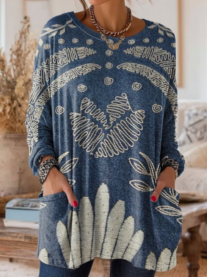 Women's Retro Pattern Art Print Casual Long-Sleeve T-Shirt