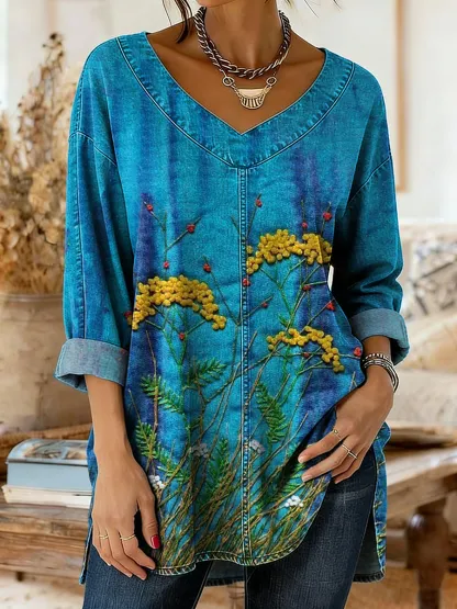 Women's Retro Floral Art Print Casual V-Neck Washed Cotton Denim Top