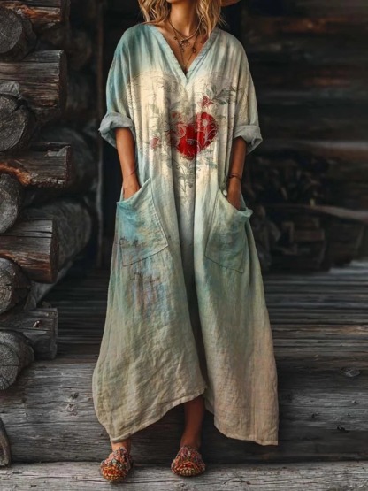 Women's Vintage Ethnic Tattoo Pattern Art Print Pocket V-Neck Cotton Dress