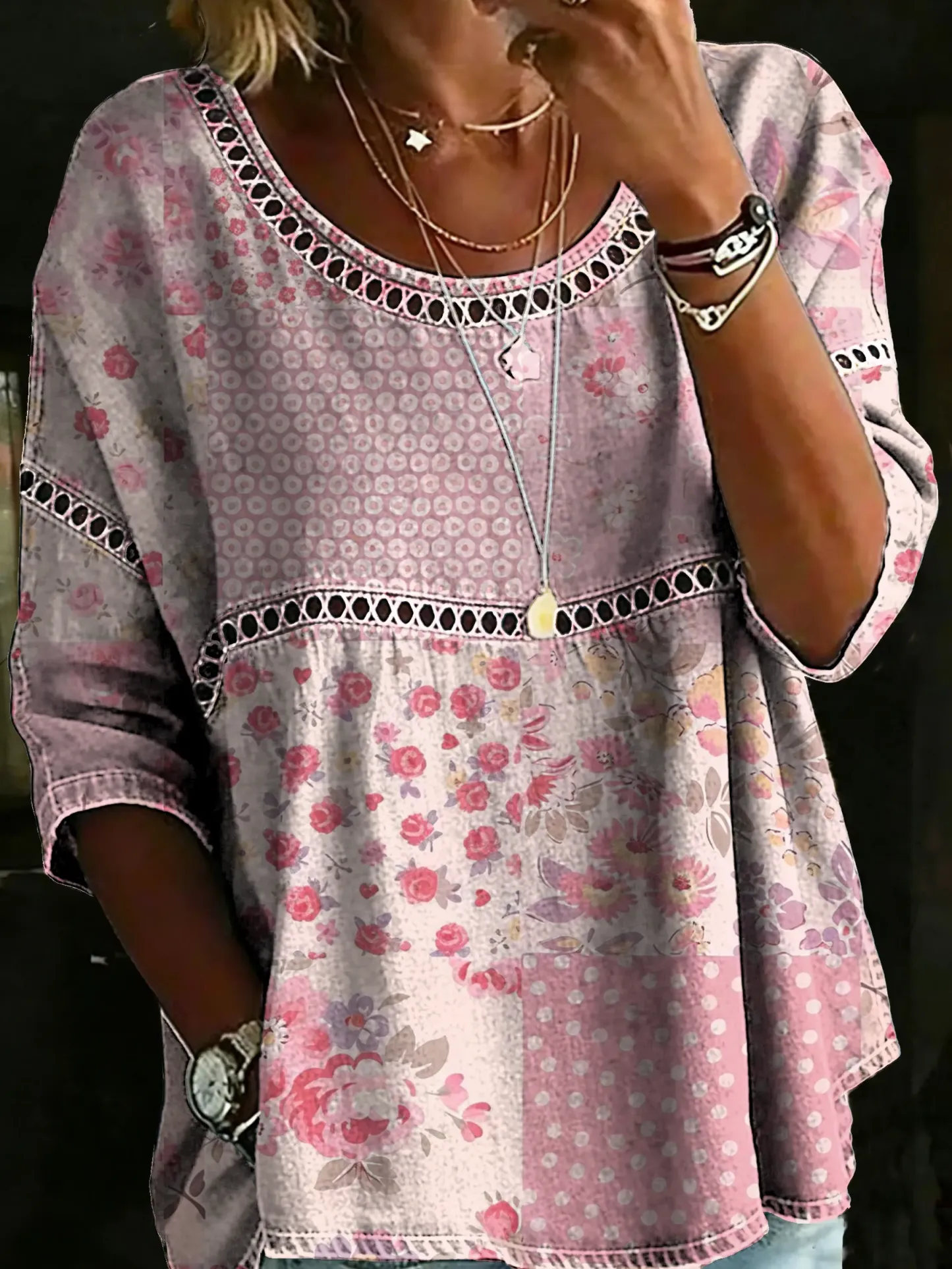 Women's Vintage Concatenate Floral Art Print Casual Hollow Shirt