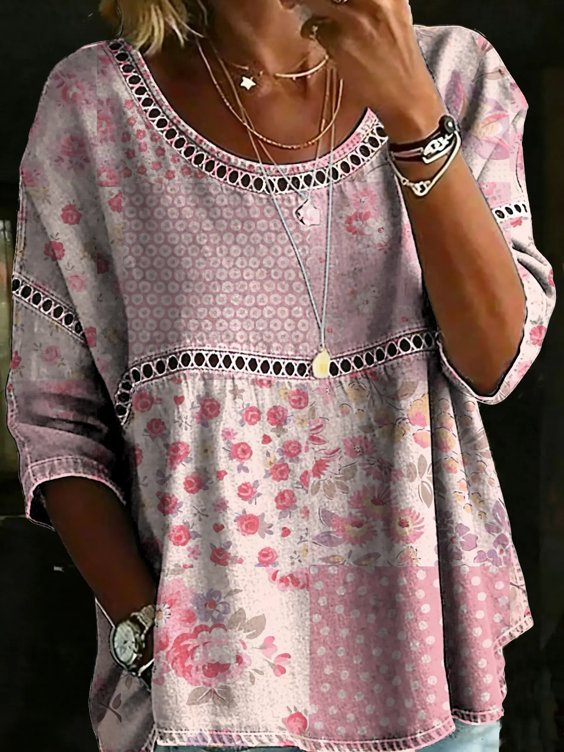 Women's Vintage Concatenate Floral Art Print Casual Hollow Shirt