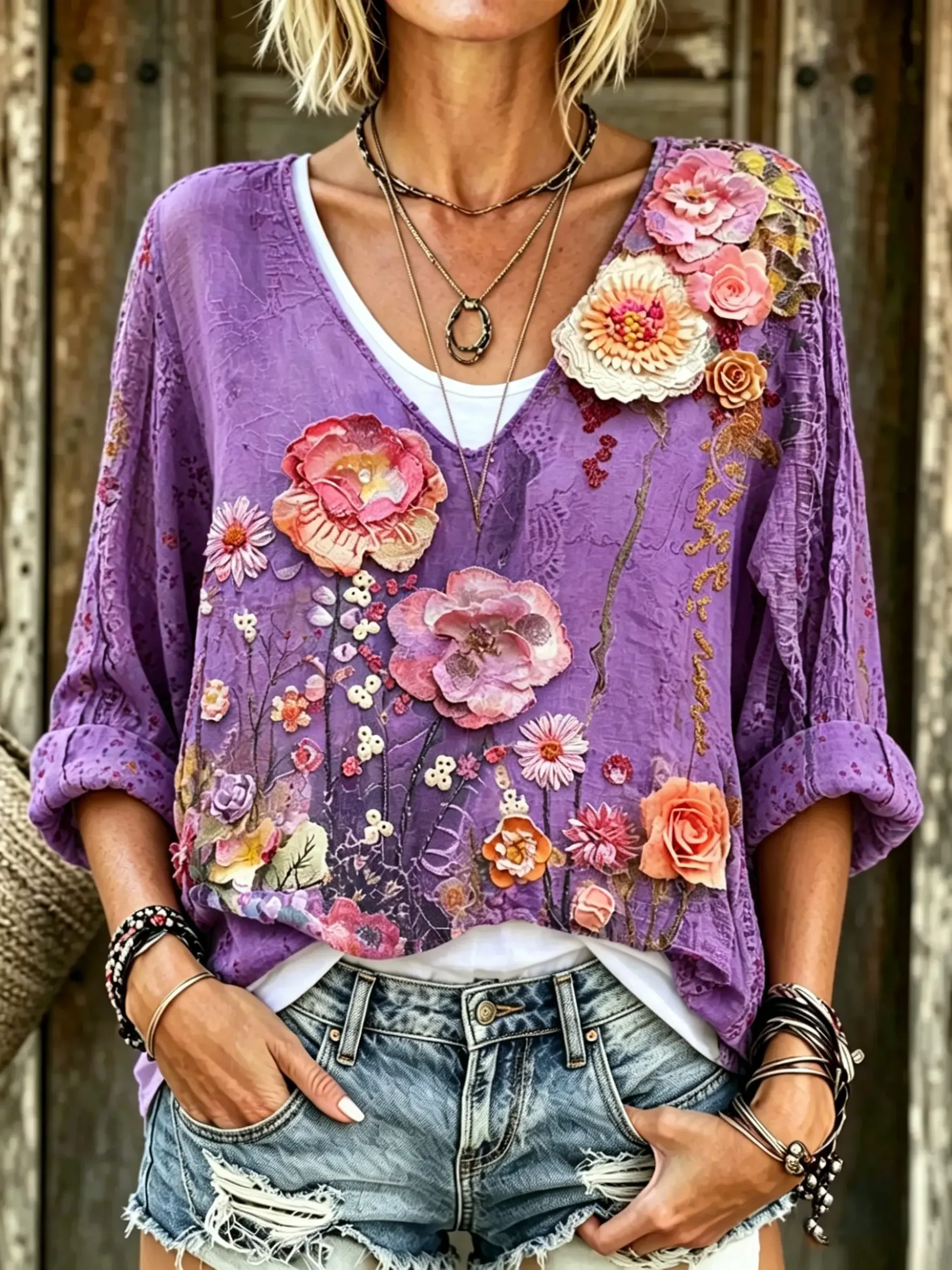Women's  Floral Print V-Neck 3/4 Sleeve Blouse