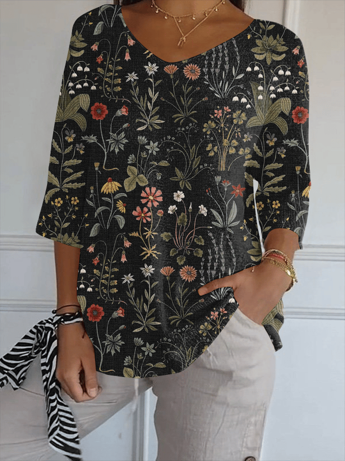 Women's Forest Plants Floral Cross Print Casual V-Neck T-Shirt