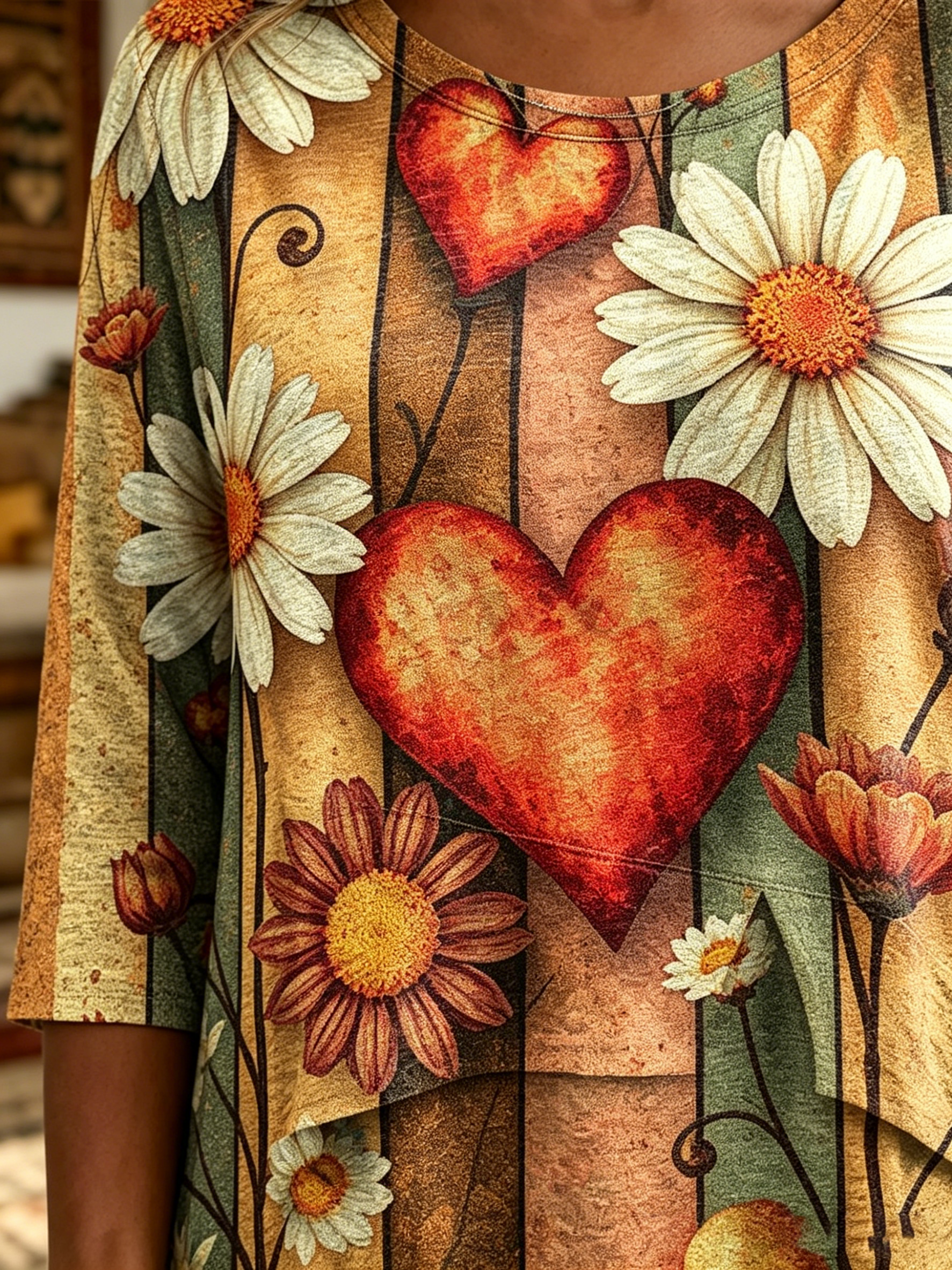 Women's Retro Heart And Floral Art Print Casual Three-quarter Sleeve Round Neck Patchwork Shirt